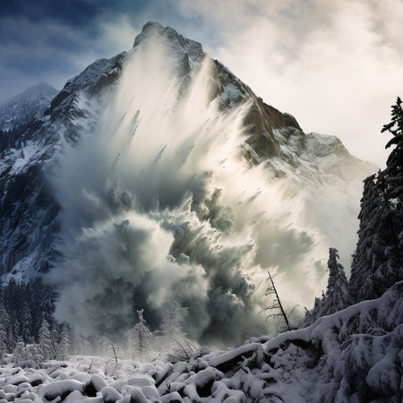 Experience the awe-inspiring power and chaotic beauty of an avalanche in this breathtaking image titled 'Frozen Fury'. The serene mountain landscape is suddenly engulfed in a thunderous cascade of snow, as towering trees are overcome and a fog of powder fills the air. Witness the sheer force of nature as ice shards fly through the freezing atmosphere, snow tears through the sky, and frozen waves crash against the mountainside. Amidst this perilous scene, a skier or mountaineer races against the tide of icy destruction, desperately seeking shelter. The art style combines realistic details with an exaggerated dynamism, intensifying the impact of this frozen spectacle.の素材
