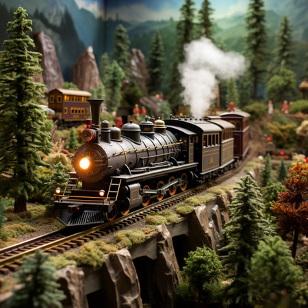 Embark on an enchanting journey through a captivating miniature world featuring model trains. Immerse yourself in a lush, vibrant landscape where tiny trains meander through verdant forests, traverse majestic mountains, and breeze past charming little towns. Let your imagination take flight as you infuse this scene with wonder and intricate details, creating a truly magical adventure. Showcase an array of model trains, from vintage steam engines to modern electric locomotives, highlighting their meticulously crafted features and intricate designs. This image captures the essence of a captivating journey, evoking feelings of excitement, nostalgia, and awe. The art style is tailored for microstock sites, ensuring its appeal to a wide range of potential users seeking illustrations related to model trains.の素材