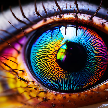 Dive into the mesmerizing world of insects with this photorealistic image showcasing a close-up view of an insect's eye. This detailed and vibrant depiction reveals the intricate structure and unique patterns commonly found in various insect species. The eye is illuminated, with light refracting and reflecting off its surface, creating a captivating visual display. Explore the fascinating world of insect vision and discover the beauty hidden in their eyes.の素材