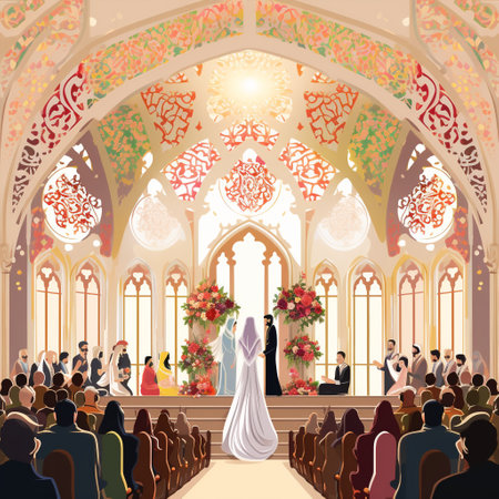 Step into the serene setting of a church, temple, or mosque and witness the joyous union of two souls in the illustration of Harbingers of Love: A Wedding Amongst Sacred Blessings. This realistic watercolor painting captures the vibrant colors and atmosphere of love, unity, and divine blessings that fill the scene. Ornate decorations and floral arrangements adorn the sacred space, creating a visually stunning backdrop for the celebration. Happy guests surround the couple, their smiles reflecting the joy felt in this sacred place. The couple, dressed in traditional wedding attire, radiate happiness as they exchange vows, their union witnessed by their loved ones and the blessings of the divine.の素材