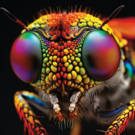 Prepare to be amazed by the captivating close-up view of an exotic insect's compound eyes in this awe-inspiring high-resolution image. Every tiny detail, from the mesmerizing patterns and vibrant colors to the intricate structures, showcases the extraordinary vision system of these remarkable creatures. Let your imagination run wild as you delve into the hidden miracles of nature's intelligent design. With a vibrant and surreal art style, this image captures the essence of the mysterious world of insect sight, evoking a sense of wonder and intrigue. Discover the fascinating complexity of the insect kingdom and let your curiosity soar.の素材