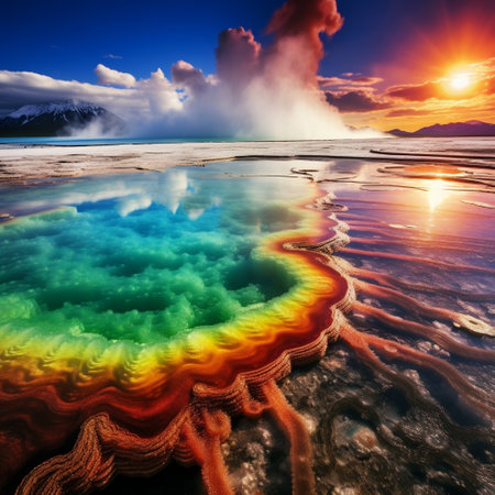Be prepared to be mesmerized by this stunning and high-quality microstock image of a captivating geothermal geyser or hot spring. Witness the enchanting elements where Earth meets the sky in this surreal depiction that blends vibrant colors and dream-like atmosphere. Let your imagination run wild as you explore these geothermal gems portrayed in a unique art style that transcends reality, leaving viewers in a state of wonder and awe.の素材