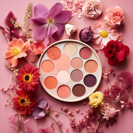 Get inspired by the beauty of nature with this stunning floral-inspired makeup palette titled 'Blossoms and Blush.' The palette is imaginatively adorned with vibrant flowers, petals, and blossoms, creating an artistic and visually striking design. The colors of the palette exhibit a stunning range of blush tones, from soft pinks to bold and deep rose hues. The arrangement of the flowers seamlessly blends into the makeup palette, adding an extra touch of artistry to this captivating image.の素材