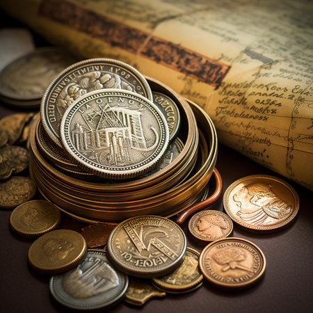 Dive into history with this visually captivating image entitled 'Silent Witnesses: Coins that Tell Tales of the Past'. Explore the stories behind old coins and currency from different eras as they lay side by side in a mesmerizing scene. Each coin represents a unique narrative that adds to the rich tapestry of human history. The image incorporates elements like an antique map in the background, a magnifying glass highlighting intricate details, and soft diffused lighting for an atmospheric touch. This microstock-worthy image is both visually stunning and compliant with copyright regulations, making it an ideal asset for microstock sites.の素材