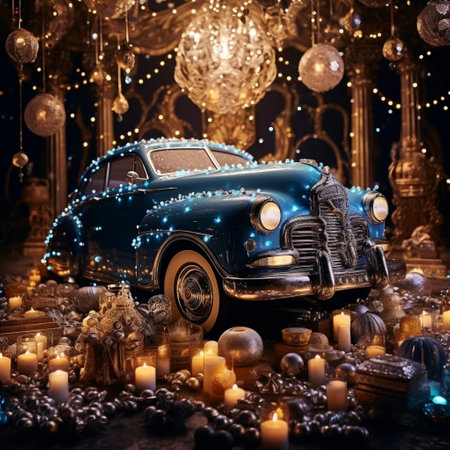 Get ready to be enchanted by this mystical twist on traditional wedding decor! This visually stunning image depicts a magical car adorned with an enchanting array of mystic symbols, sparkling crystals, and constellations. The car is cloaked in an ethereal glow, radiating an otherworldly charm. The symbols and crystals intertwine with the constellations, creating a whimsical atmosphere that captures the essence of a mystical union. The overall art style is vibrant, dreamlike, and captivating, incorporating elements of fantasy and enchantment. Prepare to be captivated by this magical image that evokes awe, wonder, and a desire to explore the magical realms of love and the cosmos.の素材