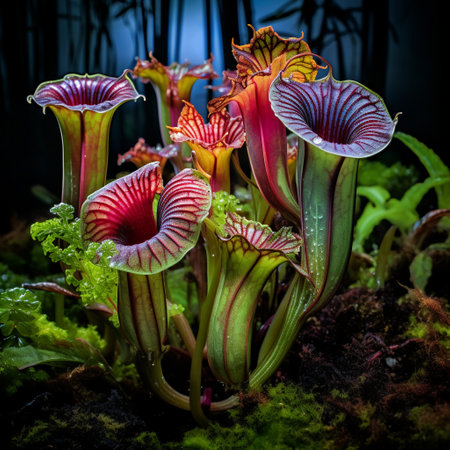 Get ready to be entranced by the captivating beauty and fascinating mechanisms of carnivorous plants with this image titled 'Nature's Traps: The Allure of Carnivorous Plants'. This image showcases the vibrant colors and intricate details that make carnivorous plants such a unique and intriguing category of flora. The composition and lighting techniques used in this image bring out the alluring aspects of these natural traps, highlighting their beauty and danger. Various carnivorous plant species, including Venus flytraps, pitcher plants, and sundews, are depicted in their natural habitats or an imaginative and eye-catching setting. Their distinct physical features, such as razor-sharp teeth, sticky tentacles, or colorful traps, are showcased to demonstrate how they lure unsuspecting prey. Prepare to be surprised and captivated by this image that celebrates the delicate balance between beauty and danger in the world of carnivorous plants.の素材