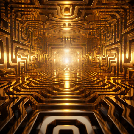 Step into a world of enchantment with this image of a large, intricately designed labyrinth made entirely of shining metallic surfaces. Bathed in a soft, ethereal glow emanating from an unknown source, this mesmerizing maze captivates the viewer with its myriad of colors reflected on the walls. Each metallic panel possesses a unique shimmer and sheen, creating a captivating and mysterious atmosphere. As you contemplate the enigmatic nature of the shimmering maze, you can't help but feel a sense of wonder, intrigue, and perhaps a hint of foreboding.の素材
