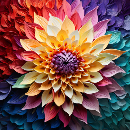 Experience the mesmerizing kaleidoscope of nature's beauty with this close-up view of a colourful dahlia petal. The intricate patterns and details showcase the artistic masterpiece that is found in the heart of this flower. The vibrant and expressive art style captures the essence of the dahlia's allure, bringing its beauty to life.の素材