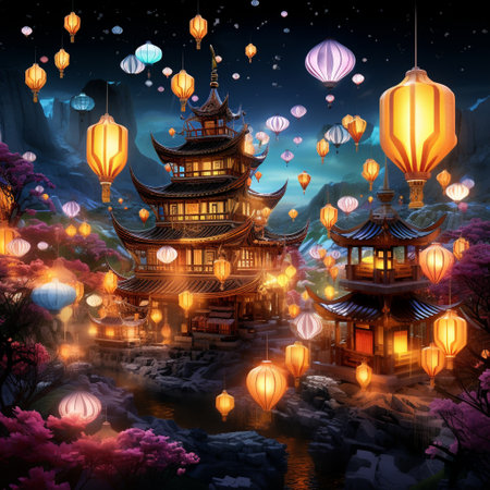 Step into a world of enchantment with this surreal holiday scene featuring glowing lanterns as the focal point of celebration. The lanterns emit a breathtaking display of vibrant colors, illuminating the darkness and creating a whimsical and captivating atmosphere. This composition seamlessly blends elements from various cultural traditions, including floating lantern festivals, Diwali, Hanukkah, Christmas, and more. The intricate details and vibrant colors of the art style used in this image make it appealing to a wide audience on microstock sites, evoking a sense of wonder, unity, and festivity.の素材