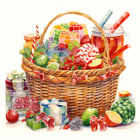 Get into the holiday spirit with this vibrant image of a festive hamper or basket filled to the brim with an abundance of joyous items. Capture the essence of celebration and evoke a sense of excitement with a variety of enticing goodies, including delicious treats, beautifully wrapped gifts, twinkling lights, and cheerful ornaments. The art style should be inspired by intricate watercolor paintings, showcasing vibrant colors and inviting textures to make the image stand out on microstock sites.の素材