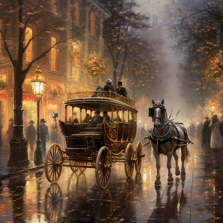 Step into the enchanting world of "Graceful Glides: An Elegant Carriage Adventure" with this beautifully depicted scene. A horse-drawn carriage, adorned with intricate designs and adorned with ornate gold accents and elaborate floral decorations, gracefully traverses a winding cobblestone street. The soft glow of street lamps illuminates the carriage, showcasing its elegance and timeless beauty. The majestic horses, with their flowing manes and tails, exude both strength and grace as they pull the carriage. The backdrop of a charming European town, complete with cozy buildings, charming cafes, and twinkling stars in the night sky, adds to the romantic ambiance and nostalgic charm of this elegant carriage adventure. The chosen art style captures the essence of the scene, evoking a sense of wonder and transporting viewers to a bygone era.の素材