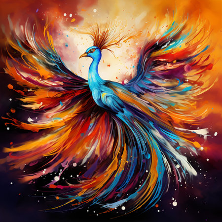 Immerse yourself in the world of imagination with this vibrant and fantastical bird. Its feathers display an enchanting array of colors and patterns, creating a mesmerizing spectacle. The bird strikes an elegant pose, gracefully dancing as its plumage shimmers and flows with every movement, captivating the viewer. The art style of this image is a unique combination of surreal and whimsical elements, infused with a touch of impressionism that gives it a dreamlike quality. This visually striking image is perfect for microstock sites seeking eye-catching and unique visuals in the 'Feathers' category.の素材
