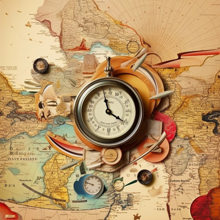 Embark on a whimsical journey through personal memories with this surrealist digital illustration in the style of paper collage. The artwork, titled 'Charted Memories: Tracing Personal Travels', features a map and compass brought to life with nostalgic elements like old photographs, postcards, and handwritten letters. Each location on the map holds sentimental value, and visual cues hint at the personal memories associated with them. Look for the tiny airplane flying above memorable trip locations and the heart-shaped compass needle pointing towards places of emotional significance. The composition evokes a sense of adventure, nostalgia, and the deep connection between memories and travel.の素材