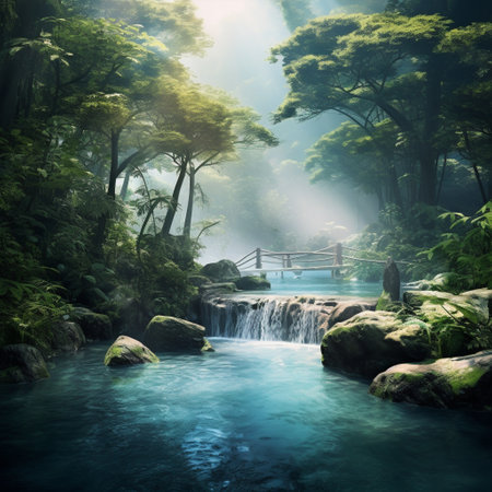 Immerse yourself in the tranquility of this serene hot spring nestled in a lush forest. The image captures the beauty of nature's healing qualities, with steam delicately rising from the hot spring, creating a mystical atmosphere. The vibrant blue hue of the water invites viewers to imagine the refreshing and rejuvenating experience it offers. Surrounding the hot spring, the lush green forest adds to the enchanting scene, emphasizing the harmony between man and nature. The art style combines elements of realism and impressionism, resulting in a visually stunning and emotionally captivating image.の素材