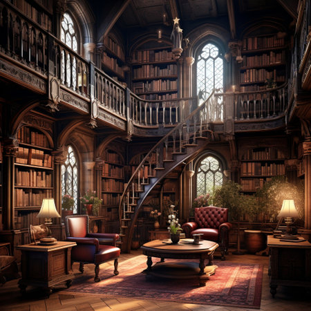 Step into the world of organized library design with this captivating image titled 'The Curator's Haven'. Explore the art of curating and arrangement as each book finds its rightful place in this meticulously designed and thoughtfully organized library. This image showcases the beauty and serenity of a well-kept library, where knowledge and imagination thrive.の素材