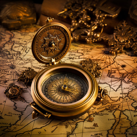 Embark on a captivating journey with this mysterious landscape featuring a vintage map and compass as the focal point. The worn and aged appearance of the map adds an air of intrigue, while the intricate details of the rusty compass enhance its character. The scene exudes a sense of adventure and exploration, with hints of the unknown awaiting discovery. The vibrant and colorful art style instantly captures the attention of viewers, inviting them to immerse themselves in the enchanting world depicted.の素材