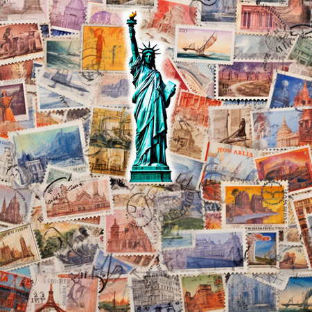 Experience the beauty and diversity of stamp collecting with this stunning watercolor-inspired image capturing the essence of 'Beyond Borders: A Global Mosaic of Collectible Stamps.' Immerse yourself in a colorful collage of collectible stamps from around the world, each representing a country's unique culture, history, or iconic landmarks. Discover famous figures, symbols, and events that have shaped their respective nations, as you explore the vast world of stamp collecting. Let your curiosity and wonder soar as you embark on this visual journey.の素材