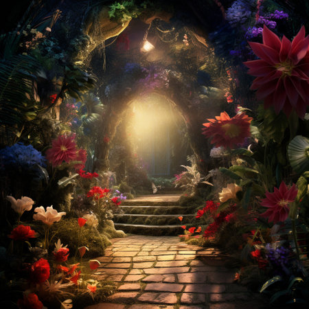 Step into a world of enchantment and beauty with 'The Secret Garden of Exotica,' a surreal landscape filled with an abundant variety of exotic flowers. This mesmerizing scene evokes a sense of mystique and captures the essence of magic and wonder. Vibrant colors, intricate details, and an ethereal atmosphere come together to create a captivating visual masterpiece.の素材