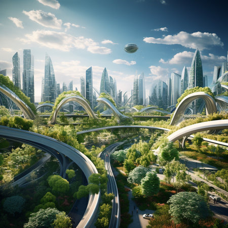 Explore a breathtaking vision of a futuristic cityscape seamlessly blending with lush green landscapes, showcasing innovative and sustainable architecture. This vibrant city embodies the harmony between urban development and nature, featuring vertical gardens, solar panels, and wind turbines. The vibrant greenery represents the hope and dedication of multiple generations working together to preserve and protect our environment for future generations. Immerse yourself in this bright, colorful, and imaginative art style that captures the awe-inspiring vision of a sustainable future.の素材