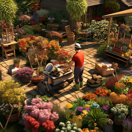 Step into the world of gardening excellence with The Garden Guru! This image showcases a lush and bountiful garden, tended by an expert gardener utilizing cutting-edge, professional-grade tools and setups. The scene is designed to evoke inspiration and awe, as the garden flourishes under the care of a true garden guru. The gardener is depicted as confident and knowledgeable, meticulously tending to the plants and utilizing innovative gardening equipment, including high-tech watering systems, precision pruners, and state-of-the-art composting methods. The vibrant colors and intricate details highlight the abundance and vibrancy of the garden, leaving viewers in awe of the potential for their own gardening endeavors.の素材