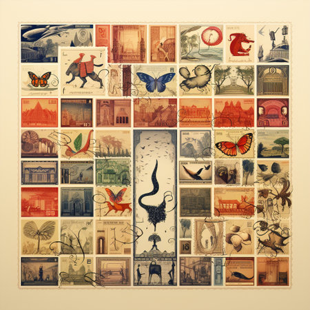 Get ready to be captivated by the visually stunning set of collectible stamps titled 'The Puzzle of Philately'! These whimsical stamps depict a world where everyday objects and animals are cleverly arranged into intricate puzzles. Each stamp tells a unique story and ignites curiosity in viewers, leaving them eager to discover the hidden connections within this captivating collection.の素材