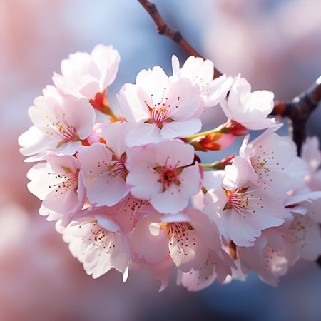 Experience the fragile elegance of a cherry blossom up close in this exquisite image. The delicate flower, known for its soft color gradients, intricate petal patterns, and delicate stamen, is meticulously depicted with all its intricate details. The essence of springtime is captured through vibrant surroundings, including a blurred background of more cherry blossoms, a blue sky, or lush greenery. The gentle sunlight filters through, illuminating the blossom and highlighting its fragile beauty.の素材
