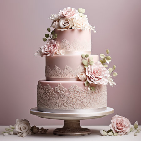 Indulge in the epitome of delicate indulgence with this elegant tiered wedding cake adorned with intricate lace patterns and delicate details. This culinary masterpiece showcases a harmonious blend of traditional and modern elements, exuding opulence and sophistication. Each tier is meticulously crafted to create a symphony of textures and designs, making it a true feast for the eyes. The subtle hues and refined finishing touches add an air of romance and luxury, transforming this cake into a centerpiece that will leave guests in awe. Rendered in a clean and vibrant art style, this image is perfect for microstock sites, allowing users to showcase the beauty of this delicate masterpiece.の素材