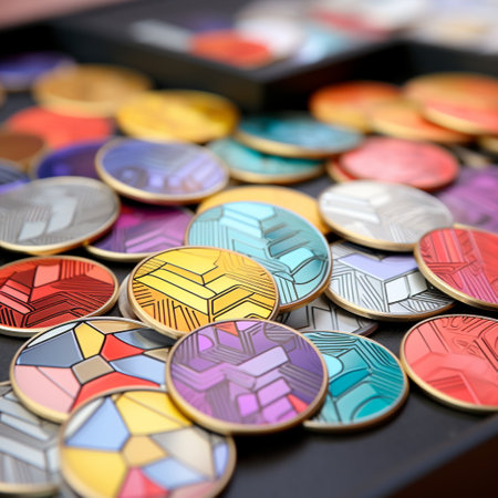 Get ready to be amazed by these visually striking and creative tokens that can be used as gifts or favors! These unique tokens feature a variety of colors, textures, and patterns, making them visually appealing and captivating. The tokens have distinct shapes or designs that make them stand out from the crowd. The art style used in this image is clean, modern, and versatile, with bold colors and crisp lines, creating a sense of sophistication and elegance. These tokens are designed to evoke a sense of curiosity, excitement, and the desire to explore further. Get ready to dive into the world of creativity with these extraordinary tokens!の素材