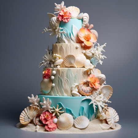 This visually stunning beach-inspired multi-tiered wedding cake is sure to capture the attention of viewers. Incorporating elements inspired by the seaside, such as seashells, sand, waves, and tropical flowers, this cake is a true work of art. The intricate designs and vibrant colors make it a focal point of any wedding celebration. The modern and vibrant aesthetic, with clean lines and bold patterns, adds an extra touch of elegance. This image is suitable for use on microstock sites, attracting a wide range of potential buyers.の素材