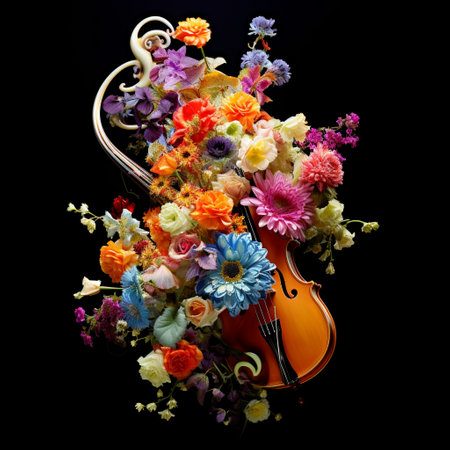 Experience the harmony of nature and music with this stunning image of a beautifully crafted bouquet blooming with a vibrant array of flowers, transformed into a unique collection of musical instruments. Each instrument embodies the unique characteristics of its corresponding flower, creating a harmonious fusion of nature and music. This composition radiates a sense of joy, creativity, and the power of artistic expression.の素材