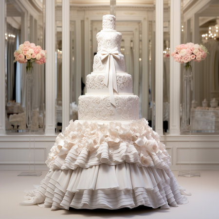 Indulge in the epitome of elegance, luxury, and fashion-forward design with this visually stunning multi-tiered wedding cake. Titled 'Sweet Couture,' this masterpiece captures the essence of opulence, featuring intricate lace and ribbon accents that resemble a couture gown. Each layer of this delectable creation showcases delicate hand-painted patterns and exquisite sugar flowers, crafted with meticulous attention to detail. Drawing inspiration from the world of runway fashion, this cake incorporates cascading ruffles, beaded embellishments, and even a fondant bow with a touch of sparkle. The art style of this captivating, vibrant, and eye-catching image is tailor-made for microstock sites seeking visually stunning imagery that appeals to a wide audience.の素材