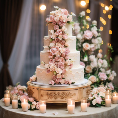 Indulge in the timeless elegance of this multi-tiered wedding cake with a vintage charm. Each tier showcases exquisite craftsmanship and intricate detailing, adding to its enchanting appeal. Delicate floral accents, ornate lace patterns, and subtle metallic accents like gold leaf or silver dragees adorn this stunning cake. The soft and romantic color palette of blush pink, mint green, and lavender adds a touch of whimsy and sophistication. The cake is beautifully displayed on a vintage-styled cake stand, enhancing its nostalgic and romantic allure.の素材