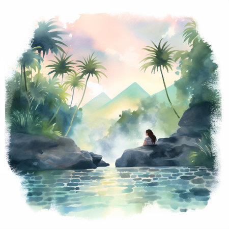 Experience the serenity of a person immersed in a natural hot spring in this colorful and vibrant watercolor-style image. The artwork depicts a tranquil scene with lush greenery surrounding the hot spring, as mist rises from the geysers in the background. The person is shown in a meditative pose, eyes closed, with a serene expression on their face, radiating a sense of peace and tranquility. The composition beautifully emphasizes the harmony between the human form and the soothing natural environment.の素材