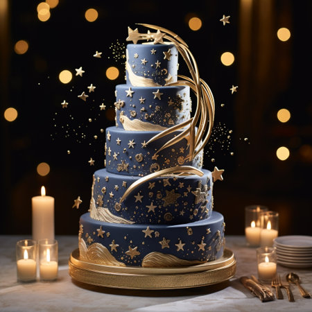 Capture the magic of a celestial symphony with this stunning and dreamy multi-tiered wedding cake! This masterpiece is adorned with stars and celestial motifs, creating a romantic and whimsical atmosphere for any wedding celebration. The multi-tiered design adds grandeur and elegance, making it the perfect centerpiece for a wedding reception. Let your imagination soar as you visualize the enchanting beauty of this celestial symphony wedding cake.の素材