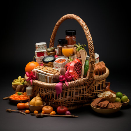 Indulge in a visually striking hamper filled with an unexpected fusion of flavors from diverse cuisines. This festive basket is adorned with beautiful ribbons and decorations, creating a delightful feast for the eyes. Explore a unique blend of international tastes, from sushi to tacos, croissants to curry. The harmonious fusion of culinary traditions will surely tantalize your taste buds and spark your imagination. The art style of this image is a modern flat design with vibrant colors and playful cartoon-like elements, making it perfect for microstock sites and captivating audiences.の素材
