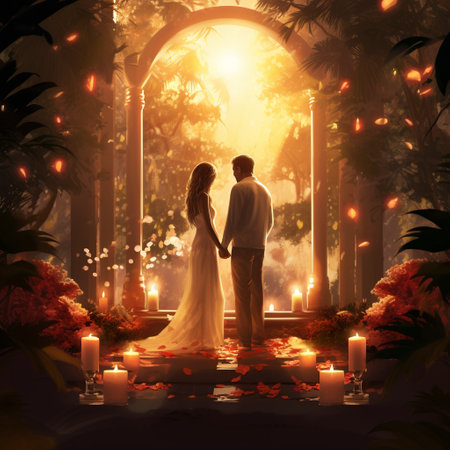 Experience the love and harmony as a couple stands before a beautifully decorated altar in a serene garden. The couple holds a unity candle, symbolizing the merging of their lives and the beginning of a new chapter together. Soft rays of sunlight filter through the trees, casting a warm glow upon the scene. The art style is realistic with vibrant colors, bringing out the beauty and joy of this special moment.の素材
