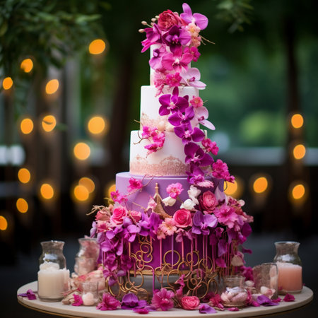Indulge in a world of enchantment with this modern fairytale-inspired multi-tiered wedding cake. Combining contemporary elegance with whimsical charm, this visually stunning creation promises to captivate the senses. Designed to reflect the love story of a unique couple, this cake embodies their personalities and shared dreams. Innovative design elements, vibrant colors, and unexpected textures come together to create a cake that truly enchants and mesmerizes wedding guests. Picture this exquisite masterpiece residing in a grand, opulent ballroom, where soft golden lighting casts a magical glow over the scene. Get ready to be inspired and celebrate love with this extraordinary wedding cake.の素材