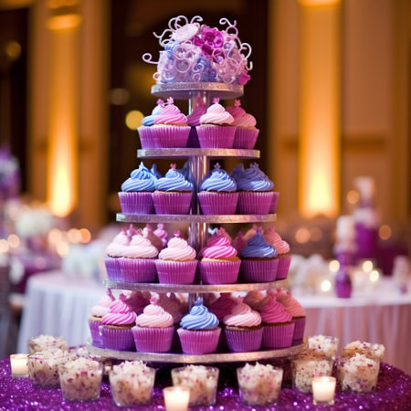 Behold the centerpiece of an elegant wedding reception - a beautiful cupcake tower that stands tall, overflowing with mouthwatering cupcakes adorned with intricate frosting designs, colorful sprinkles, and edible glitter. The tower is surrounded by delighted guests, their eyes wide with anticipation as they reach out to grab their favorite sweet treat. This art style exudes joy and celebration, capturing the essence of sweet bliss.の素材