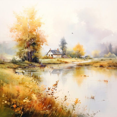 Enter a world of blissful memories with this serene landscape painting featuring nostalgic elements from the past. Painted in a dreamy watercolor style, this artwork captures the essence of blissful memories associated with hobbies and pastimes. Immerse yourself in the tranquil beauty of this painting and let it transport you to a place where cherished memories come alive.の素材
