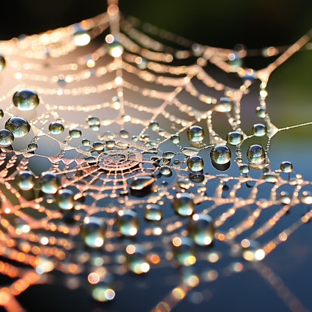 Get mesmerized by this stunning image of a spider web covered in dewdrops, designed in a captivating style that will leave viewers in awe. The web gives off a diamond-like illusion, reflecting the colors of the surrounding environment and creating a sense of enchantment. The art style emphasizes the interplay between light, shadows, and the shimmering dewdrops, resulting in a visually stunning and captivating image.の素材