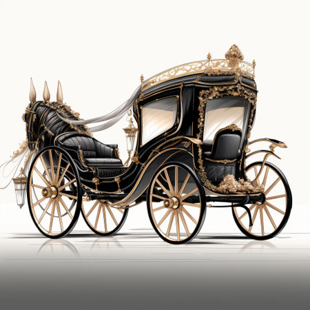 Step into the world of opulence and elegance with this illustration of a horse-drawn carriage. This luxurious carriage combines classic charm with a modern twist, featuring sleek and futuristic elements in its design. The scene is set amidst a picturesque background, where the carriage glides gracefully. Accompanied by a group of fashionable individuals dressed in haute couture, this image radiates sophistication and glamour. The vibrant art style adds a touch of vibrancy, while exaggerated proportions and intricate details capture the essence of this truly luxurious ride.の素材