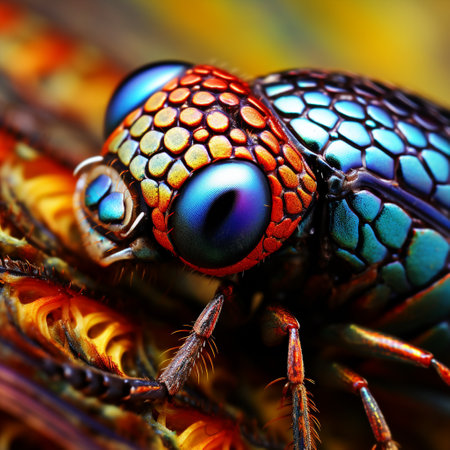 Step into the realm of insects with this captivating close-up view of an insect's compound eye. The highly detailed image captures the intricate details, mesmerizing colors, and unique patterns that lie within. The realistic art style resembles macro photography, bringing to life the tiny lenses, vibrant colors, and mesmerizing reflections that make insect eyes so intriguing. Dive into this fascinating world and explore the mesmerizing textures and captivating landscapes that can be found within an insect's eye.の素材