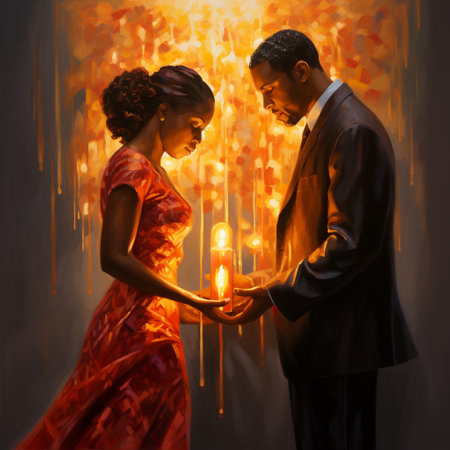 Experience the warmth and love in this artwork titled 'Blazing Unity: Flickering Flames of Love'. This captivating piece depicts a heartfelt moment of a couple's unity ceremony, where candles are lit to symbolize their deep emotional connection and lasting bond. The unique and eye-catching art style beautifully captures the vibrant colors and dynamic compositions of the flickering flames, conveying the warmth and unity shared by the couple. This illustration evokes a sense of unity, celebration, and deep emotional connection that resonates with viewers seeking to capture the beauty and meaning of unity ceremonies.の素材
