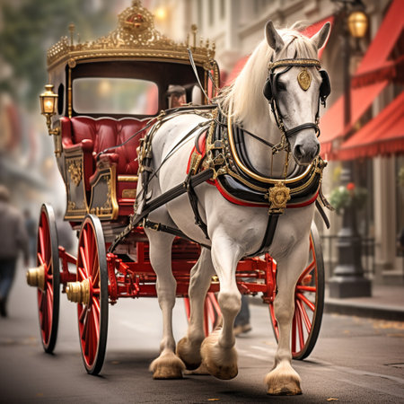 Experience the grandeur and elegance of the horse-drawn carriage parade with this visually captivating image. A majestic line of intricately designed carriages, adorned with vibrant colors and decorative elements, glides through a bustling city street. The beautifully groomed horses pull the carriages with grace and poise, captivating onlookers and evoking a sense of awe. This timeless art style portrays the essence of equine elegance, making it an ideal choice for microstock sites seeking visually captivating images.の素材