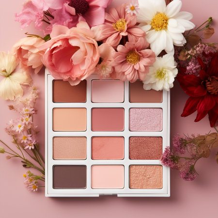 Get inspired by the beauty of nature with this stunning floral-inspired makeup palette titled 'Blossoms and Blush.' The palette is imaginatively adorned with vibrant flowers, petals, and blossoms, creating an artistic and visually striking design. The colors of the palette exhibit a stunning range of blush tones, from soft pinks to bold and deep rose hues. The arrangement of the flowers seamlessly blends into the makeup palette, adding an extra touch of artistry to this captivating image.の素材