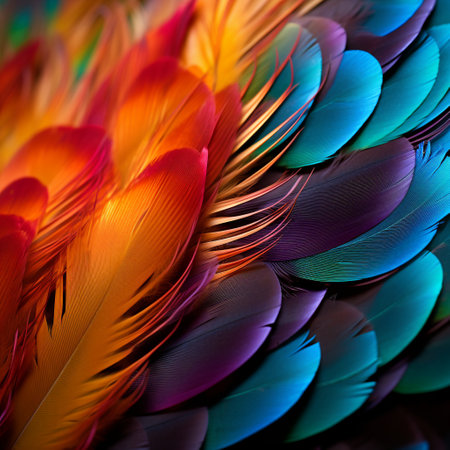 Embark on a close-up exploration of the mesmerizing beauty found within bird feathers. This image captures a burst of vibrant colors - shimmering blues, radiant greens, and dazzling purples - showcasing the intricacies of nature's design. Each individual feather reveals delicate patterns and textures, inviting viewers to appreciate the remarkable elegance found within the world of birds. With attention to lighting and perspective, this composition evokes a sense of wonder and awe, making it perfect for editorial articles, nature blogs, scientific publications, or any project celebrating the captivating allure of macro photography.の素材