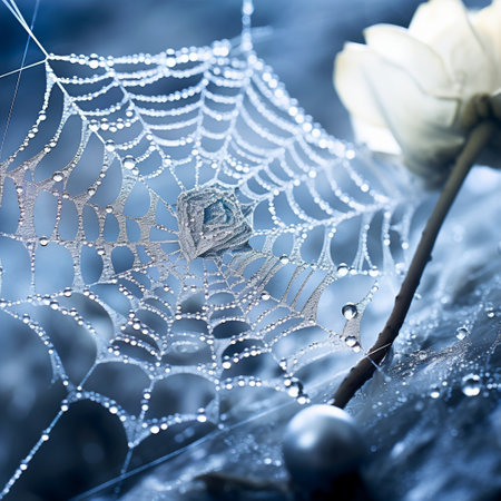 Experience the awe-inspiring beauty of a captivating spider web embraced by glistening morning dew in this mesmerizing image titled 'Silken Miracles'. This stunning masterpiece showcases the delicate and intricate nature of these silken creations, highlighting their sheer beauty and delicate craftsmanship. The scene comes alive with an ethereal palette, predominantly featuring shades of blue and silver, creating a sense of tranquility and wonder. The diffused lighting effect casts soft rays through the misty atmosphere, lending an enchanting and almost otherworldly vibe to the overall composition. As sunlight interplays with the droplets, the dew glistens like tiny diamonds delicately suspended on delicate threads. A subtle surprise awaits the viewers as they discover an unusual symbol or shape hidden within the web, enhancing its mysterious allure and igniting conversations about the interconnectedness of our world and the miracles that can be found in the most unassuming places.の素材