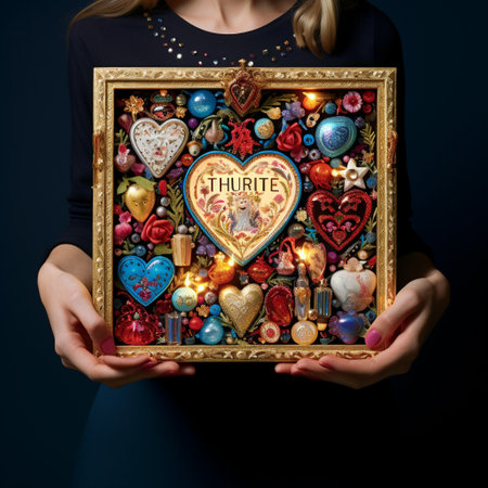 Get ready to embark on a whimsical journey of emotions with this vibrant and visually stunning image! The person in the image is holding a small box with an ornate font, titled 'Thoughtful Trinkets'. The box is intricately designed and overflowing with various tiny objects, each representing a different emotion or sentiment. These objects include miniature hearts, stars, flowers, and sentimental symbols, creating an emotionally evocative composition.の素材