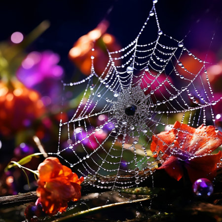 Experience the mesmerizing beauty of nature with 'The Dazzling Symphony' - a unique art style suited for microstock sites. This captivating illustration showcases a vibrant spider web covered in sparkling droplets of dew. The intricately woven spider web reflects light, creating a magical spectacle. It is surrounded by a backdrop of vibrant foliage or a serene morning landscape, adding to the enchanting moment. Watch as sunlight hits the dew, evoking awe and wonder.の素材