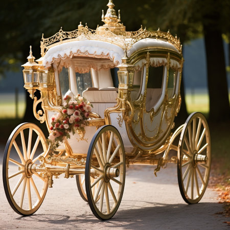 Step back in time and imagine the allure of a royal horse-drawn carriage journey with this exquisite image. The carriage is ornate with intricate designs and embellishments, fit for aristocracy. The scene is set in a picturesque countryside with rolling hills and a clear blue sky, creating a dreamy and romantic atmosphere. The carriage driver and passengers are dressed in elegant, vintage attire, reflecting the opulence of a bygone era. This image evokes nostalgic memories and captures the essence of romance, elegance, and nostalgia.の素材